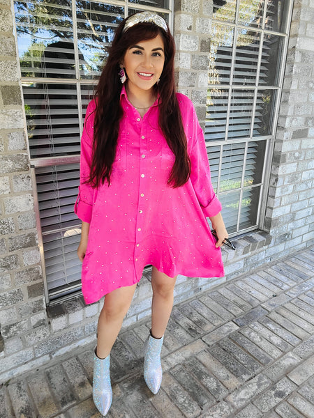 Rhinestone Embellished Satin Shirt Dress