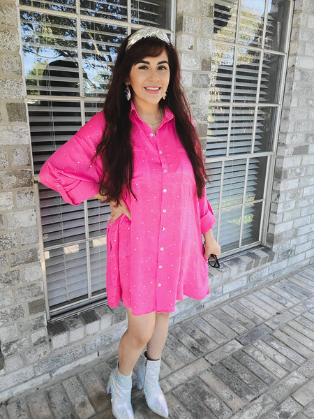Rhinestone Embellished Satin Shirt Dress