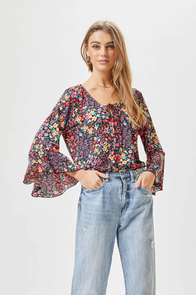 Garden Party Bell Sleeve Top- Black Floral Multi