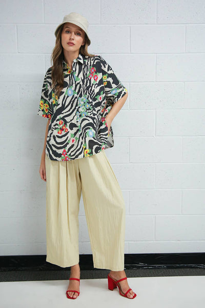 Beulah Style Oversized Zebra Button Down Top
