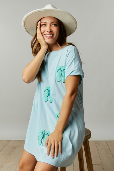 Baby Blue Flip Flop Chenille Patch T-Shirt Dress