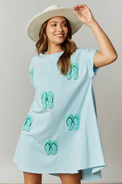 Baby Blue Flip Flop Chenille Patch T-Shirt Dress