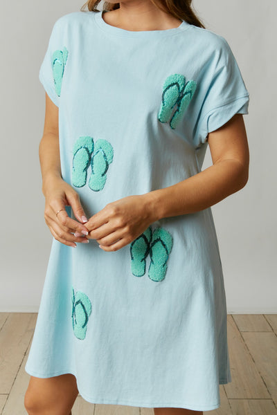 Baby Blue Flip Flop Chenille Patch T-Shirt Dress