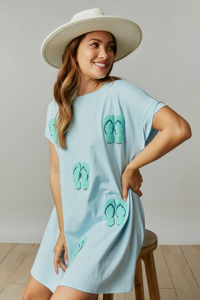 Baby Blue Flip Flop Chenille Patch T-Shirt Dress