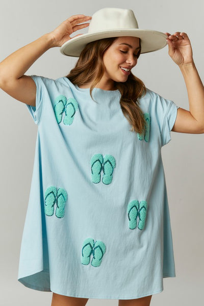 Baby Blue Flip Flop Chenille Patch T-Shirt Dress