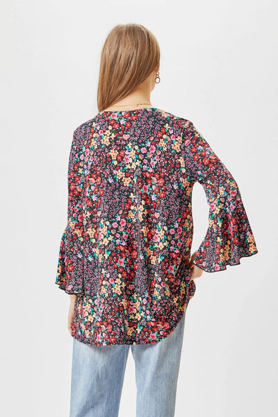Garden Party Bell Sleeve Top- Black Floral Multi