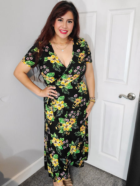 Tropical Getaway Yellow Floral Black Maxi Dress