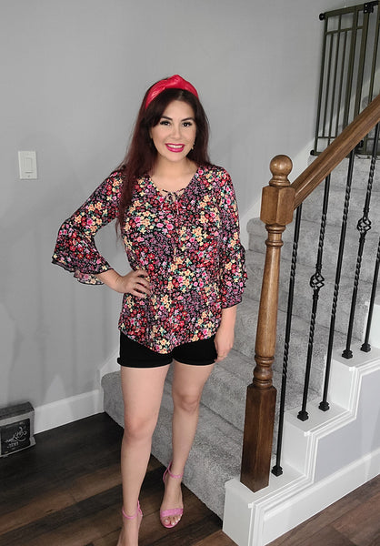 Garden Party Bell Sleeve Top- Black Floral Multi