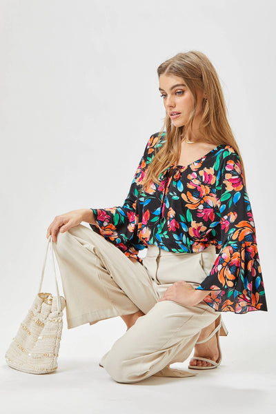 Summer Soiree Bell Sleeve Top- Black/Multi