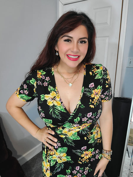 Tropical Getaway Yellow Floral Black Maxi Dress