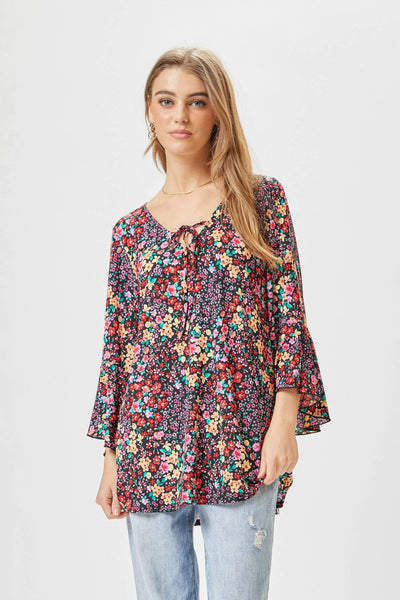 Garden Party Bell Sleeve Top- Black Floral Multi