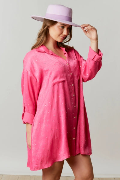 Rhinestone Embellished Satin Shirt Dress