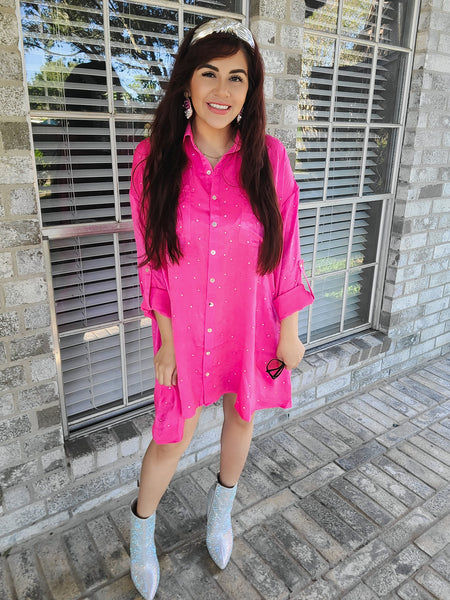 Rhinestone Embellished Satin Shirt Dress