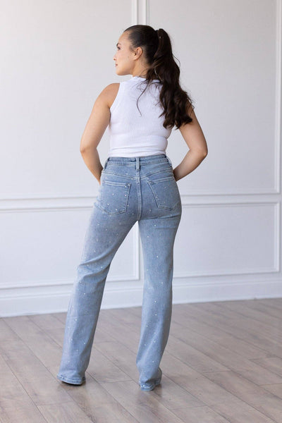 Light Wash Crystal Studded Straight Leg Jeans