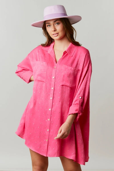 Rhinestone Embellished Satin Shirt Dress