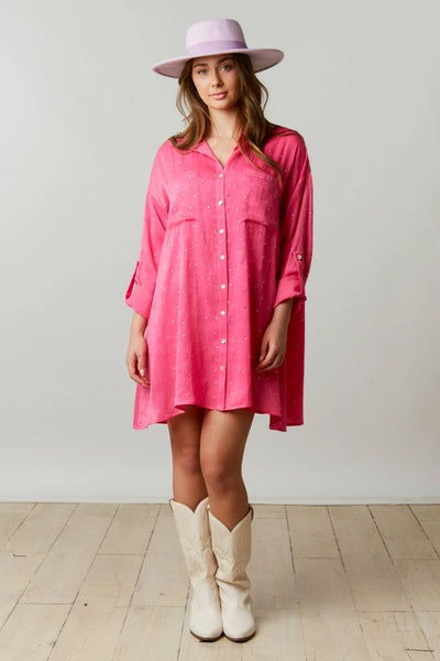 Rhinestone Embellished Satin Shirt Dress