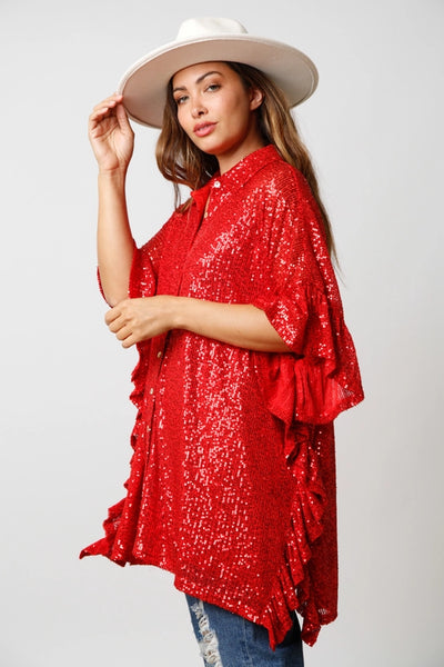 Holiday Festivities Ruby Red Sequin Button Down Top