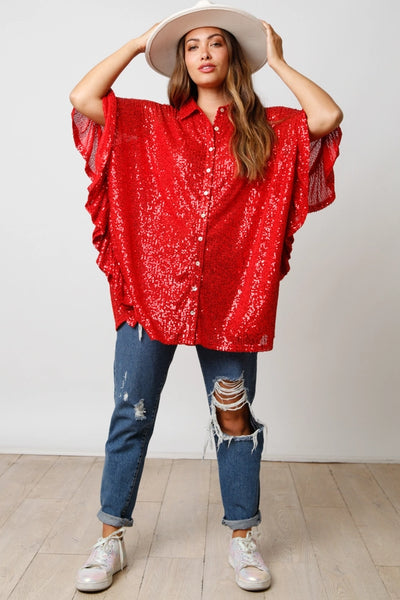 Holiday Festivities Ruby Red Sequin Button Down Top