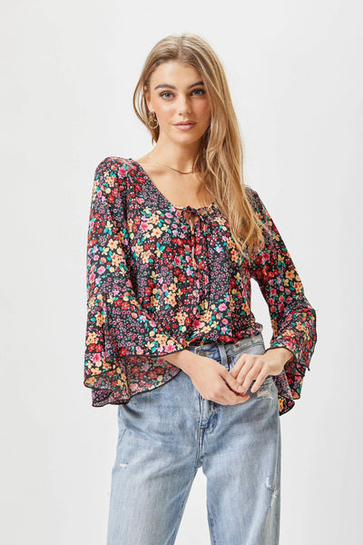 Garden Party Bell Sleeve Top- Black Floral Multi