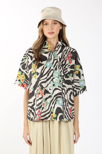 Beulah Style Oversized Zebra Button Down Top