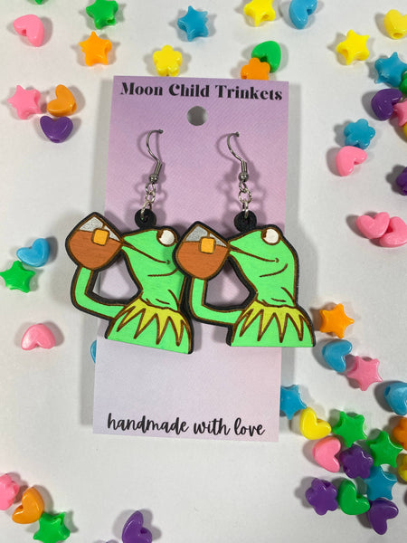Green Frog Tea Sip Meme Hand Painted Earrings