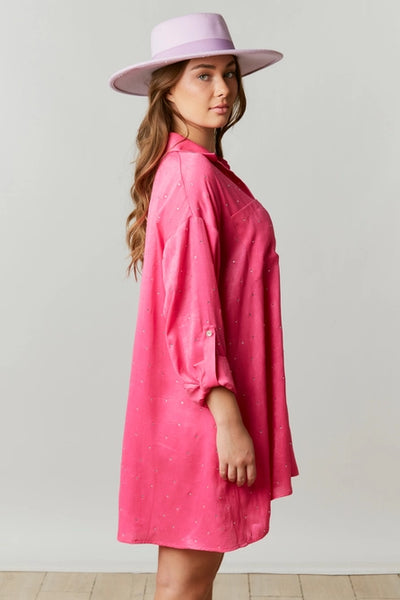 Rhinestone Embellished Satin Shirt Dress