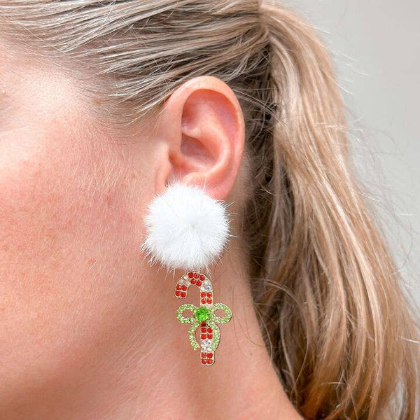 Pom Pom Rhinestone Candy Cane Dangle Earrings