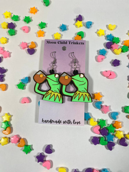 Green Frog Tea Sip Meme Hand Painted Earrings