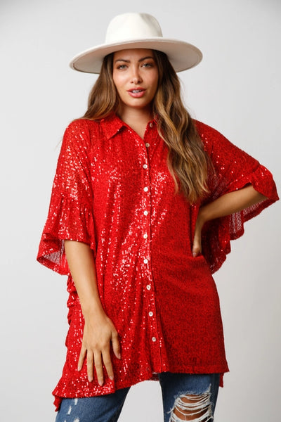 Holiday Festivities Ruby Red Sequin Button Down Top