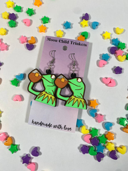 Green Frog Tea Sip Meme Hand Painted Earrings
