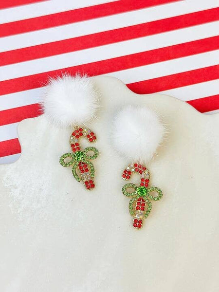 Pom Pom Rhinestone Candy Cane Dangle Earrings