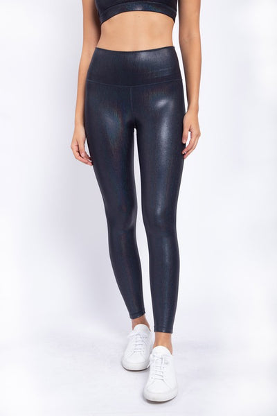 Iridescent Holo Foil High Waisted Leggings-Black