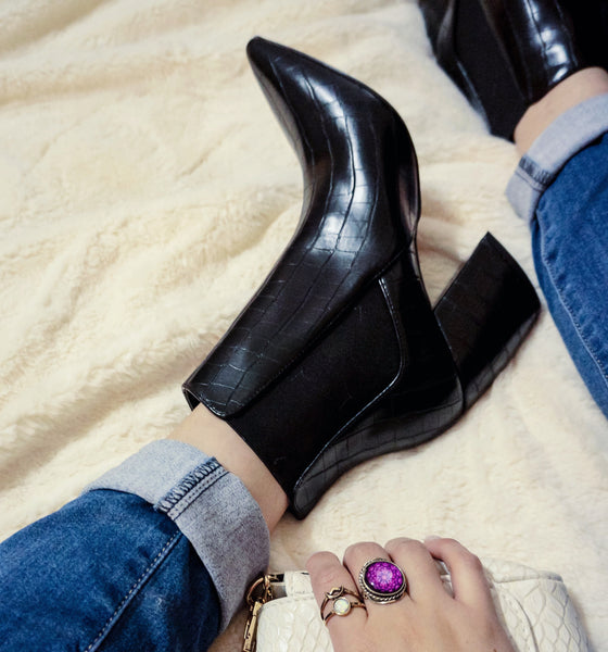 "The Selene" Black Crocodile Print Booties