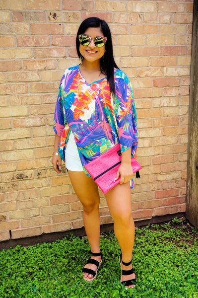 Paradise Awaits Palm Leaf Multi Print Tunic Top