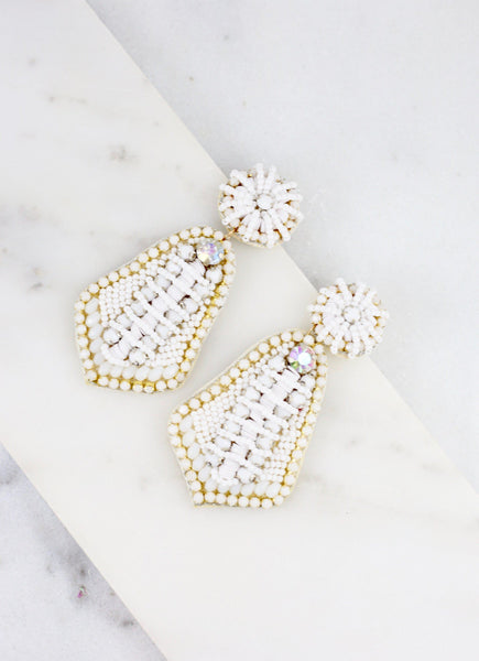 A True Vision Bead And Stone Embellished Earrings-White