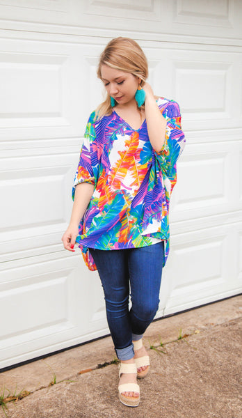 Paradise Awaits Palm Leaf Multi Print Tunic Top