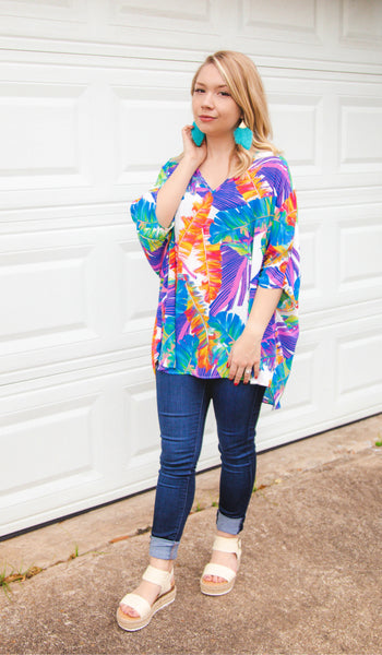 Paradise Awaits Palm Leaf Multi Print Tunic Top