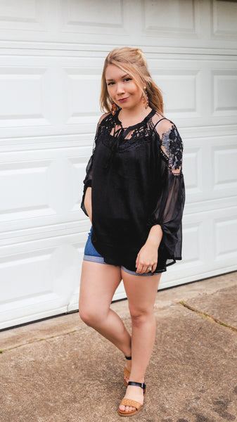 Stole Your Heart Black Lace Peasant Top