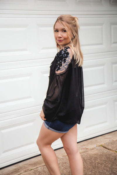 Stole Your Heart Black Lace Peasant Top