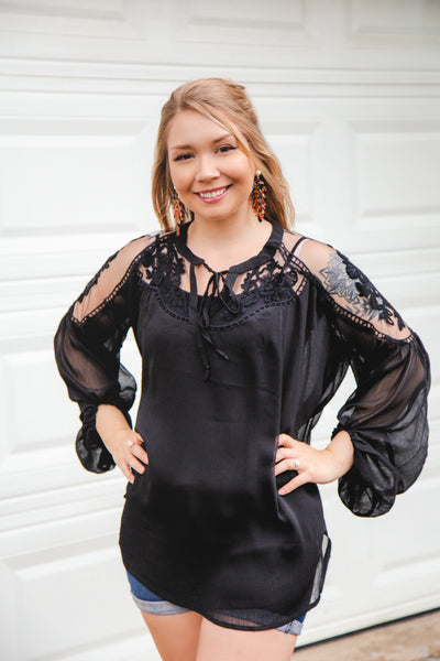 Stole Your Heart Black Lace Peasant Top