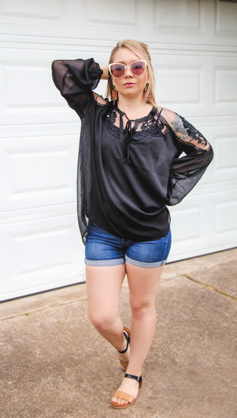 Stole Your Heart Black Lace Peasant Top