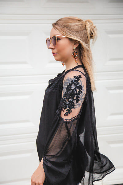 Stole Your Heart Black Lace Peasant Top
