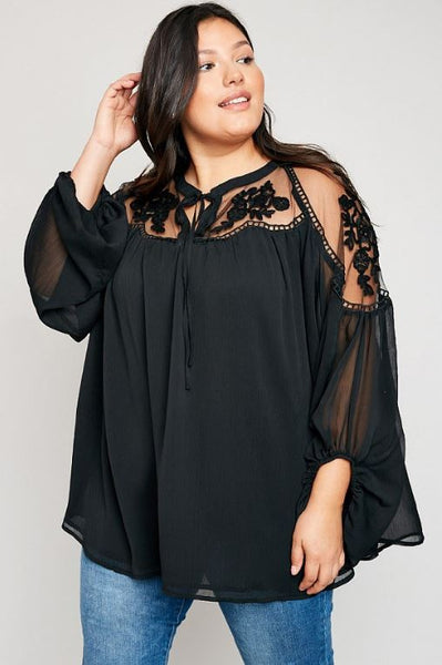 Stole Your Heart Black Lace Peasant Top