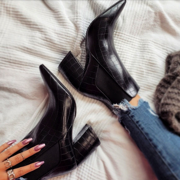 "The Selene" Black Crocodile Print Booties