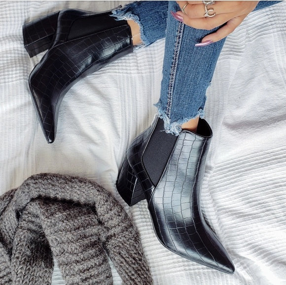 "The Selene" Black Crocodile Print Booties