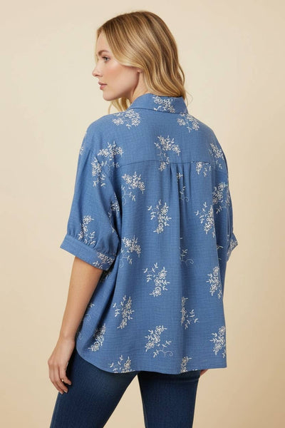 Floral Embroidered Short Sleeve Button Down Blouse