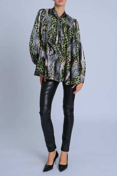 Beulah Style Leopard Printed Satin Blouse