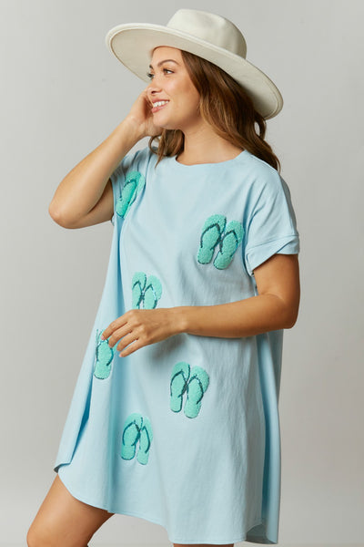 Baby Blue Flip Flop Chenille Patch T-Shirt Dress