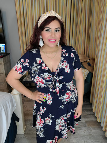 Floral Ties Dress-Navy