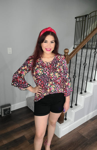 Garden Party Bell Sleeve Top- Black Floral Multi